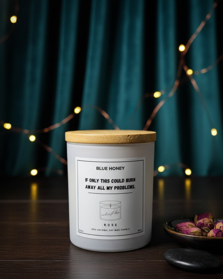Candle with wooden lid on a dark surface with teal curtain and string lights in the background