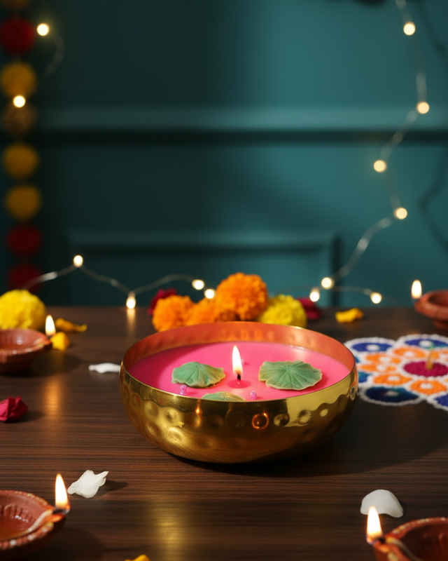 A hammered brass urli bowl filled with pink soy wax candle, decorated with lotus leaves and lit wick.