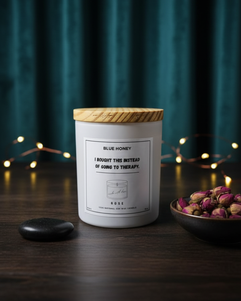 Candle with wooden lid on a dark surface with decorative elements