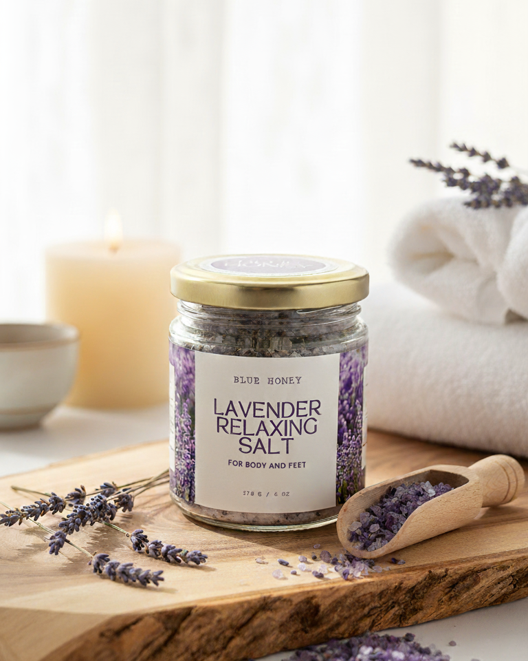 Jar of lavender relaxing salt on a wooden board with lavender flowers and a white towel in the background.