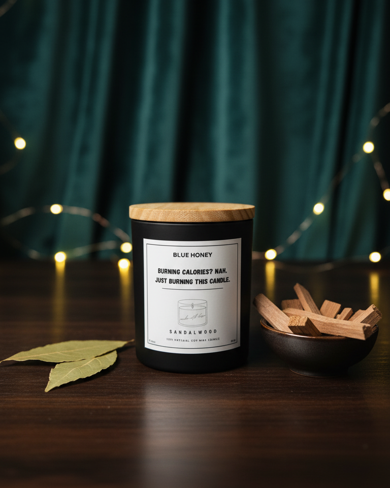 Candle with a wooden lid on a dark surface with a green curtain background