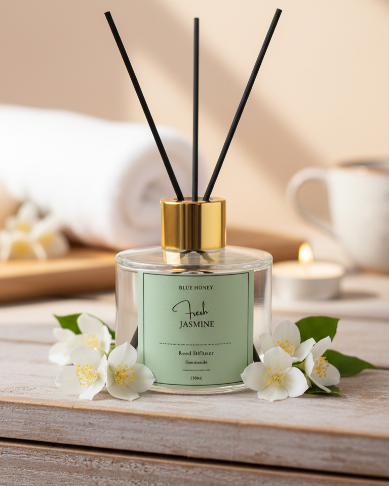 Clear glass reed oil diffuser with black reeds and a gold cap, surrounded by jasmine flowers.