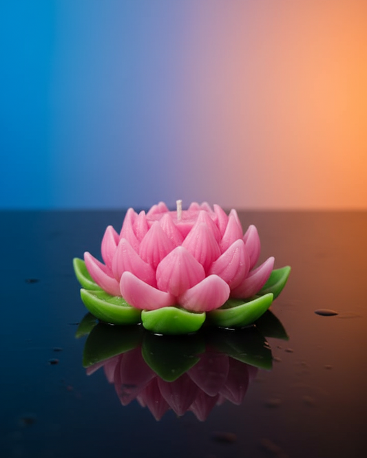 Pink lotus-shaped candle on a reflective surface with a gradient background