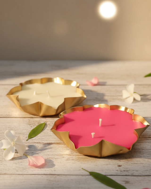 Set of two lotus urli soy wax candles in brass bowls, one cream and one pink, with flowers and leaves.