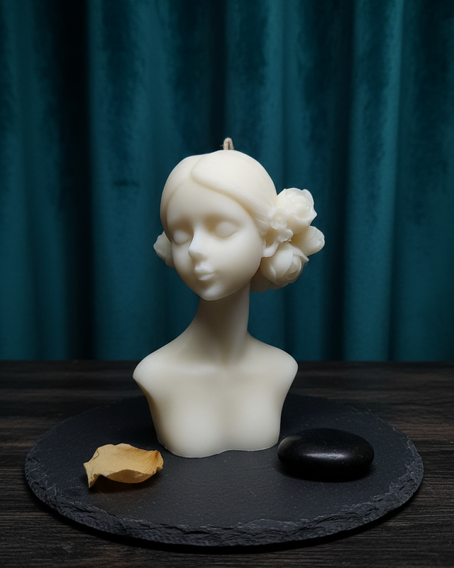 White Bloom Maiden bust candle with floral accents, displayed on a slate coaster.