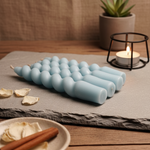 Set of four light blue spiral taper scented candles arranged on a slate platter with dried petals and cinnamon sticks.