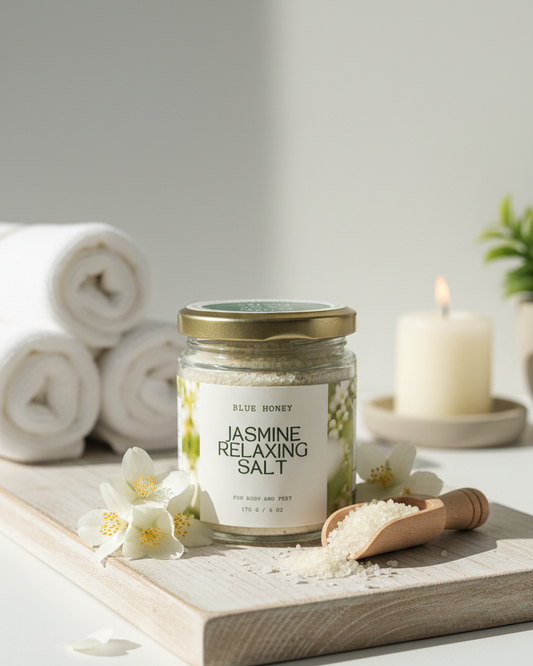 Jar of Jasmine Relaxing Salt on a wooden tray with candles and flowers in the background