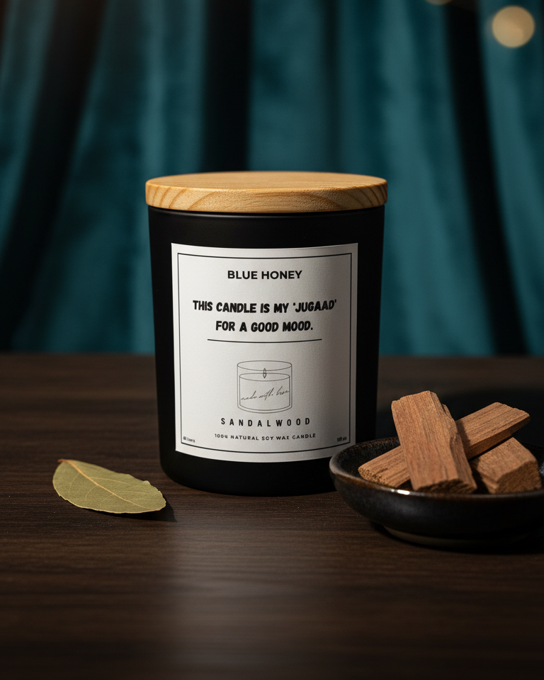 Candle with wooden lid on a dark surface with a blurred green curtain background