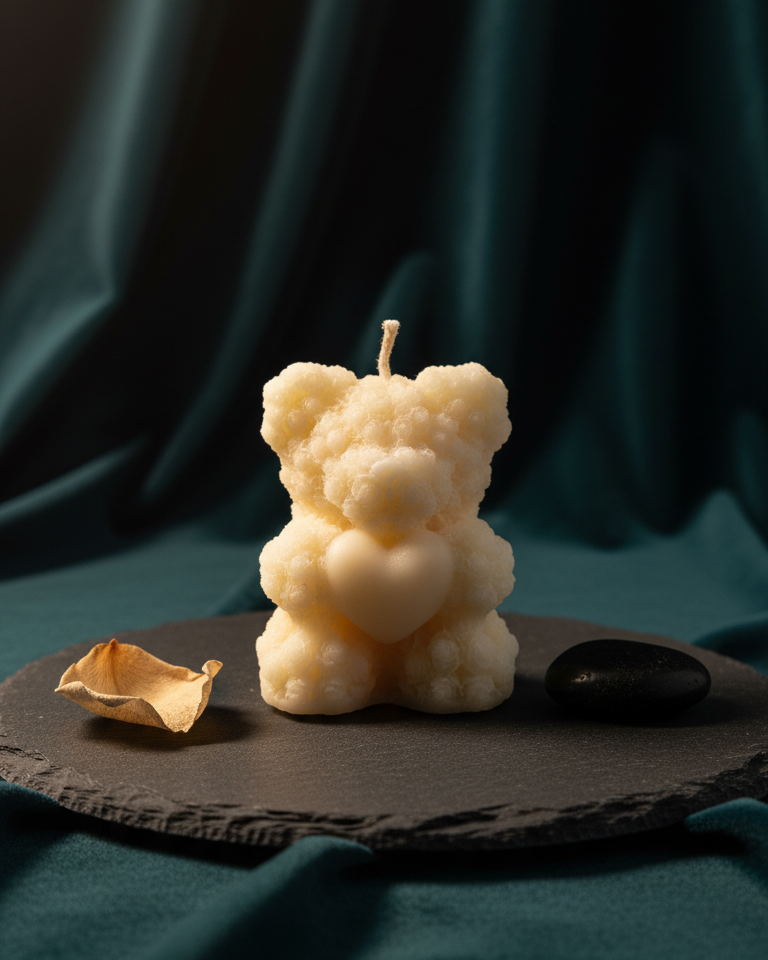 Candle shaped like a bear on a dark surface with a dark green background