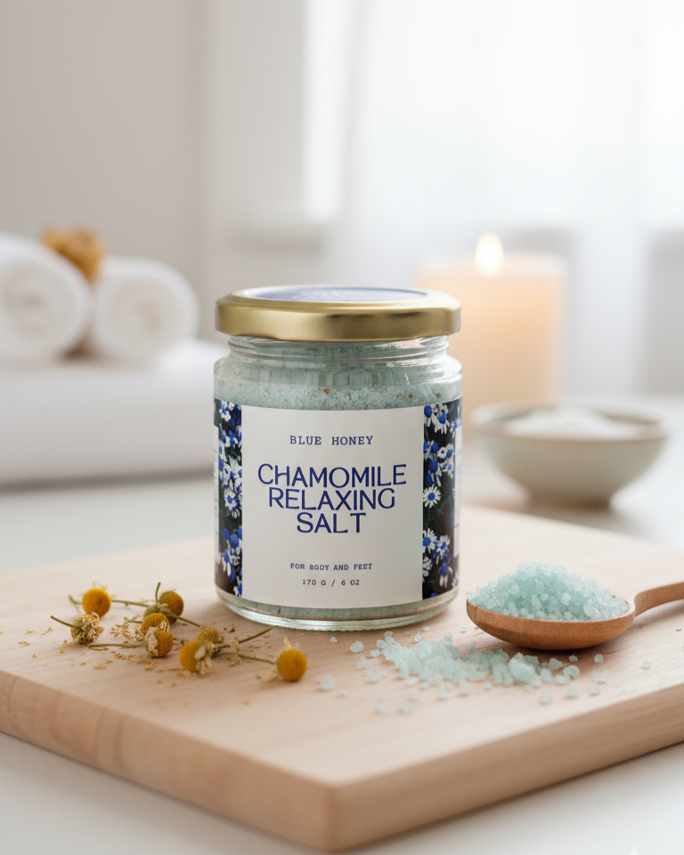 Jar of chamomile relaxing salt on a wooden board with a candle in the background