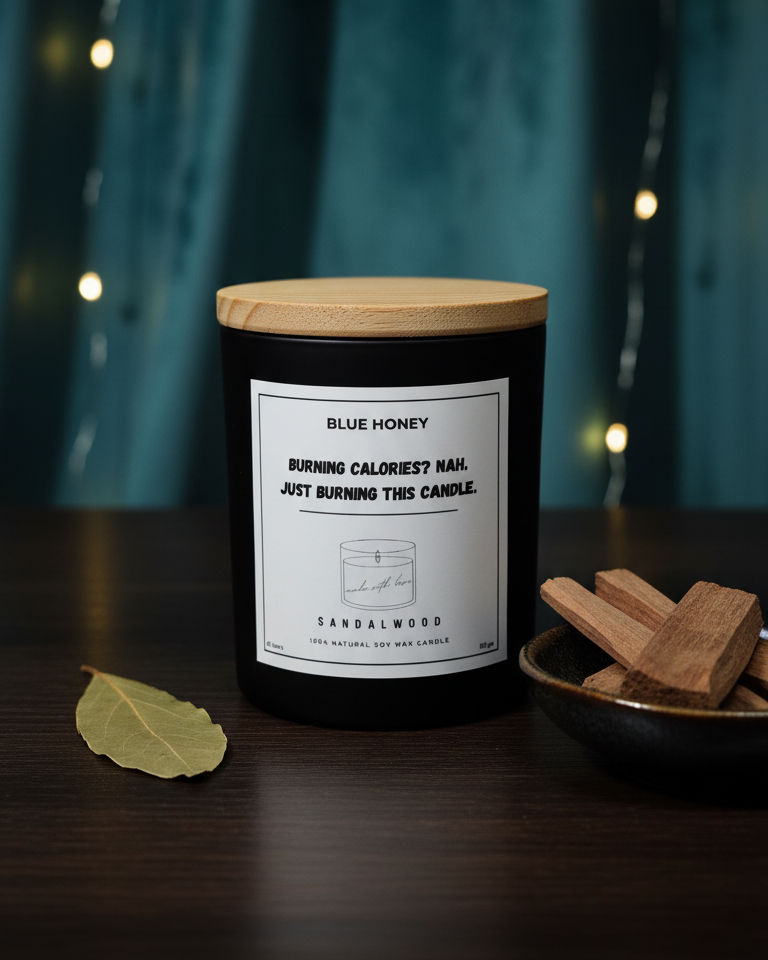 Candle with a wooden lid on a dark surface with a blurred background