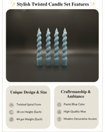 Set of four blue twisted taper candles with a spiral design, perfect for parties and dinners.