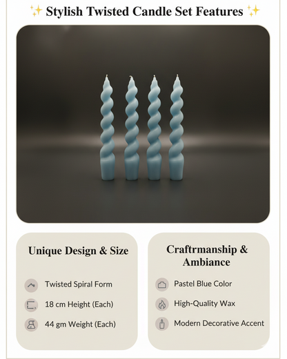 Stylish twisted candle set with pastel blue color on a dark background