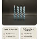Set of four blue twisted taper candles with a spiral design, perfect for parties and dinners.
