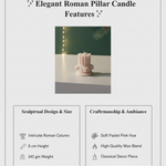 A mini pink Corinthian pillar candle with intricate details, perfect for classical decor.
