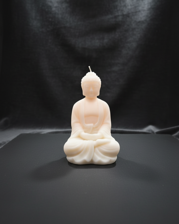 A light pink, meditating Buddha shaped soy wax candle sits on a dark surface against a black backdrop.