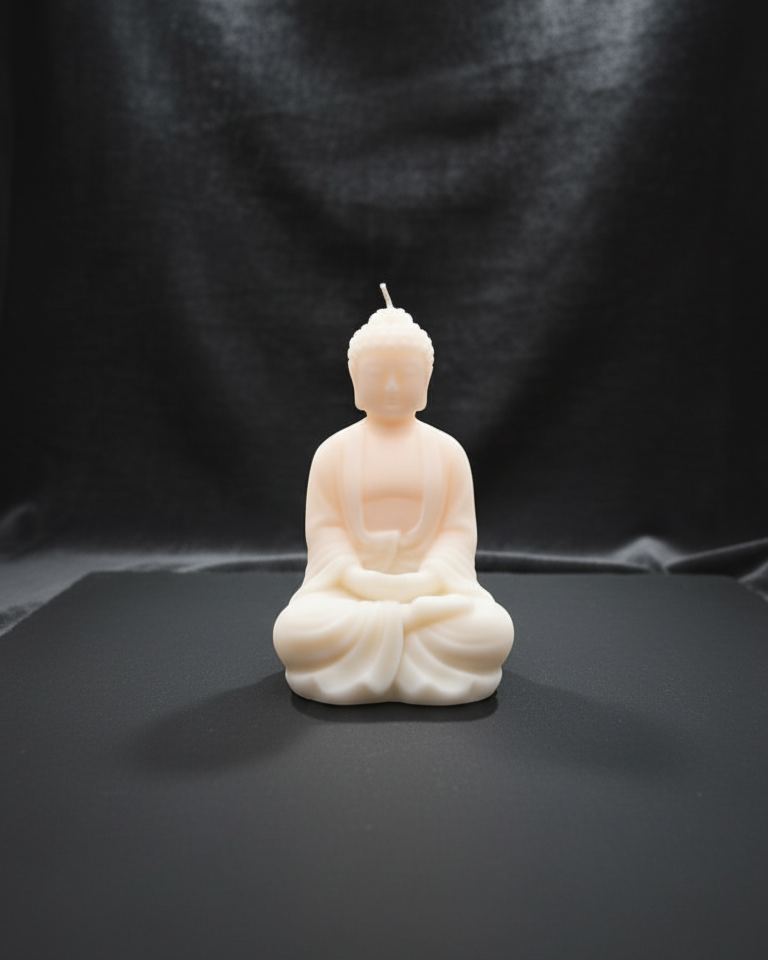 A light pink, meditating Buddha shaped soy wax candle sits on a dark surface against a black backdrop.