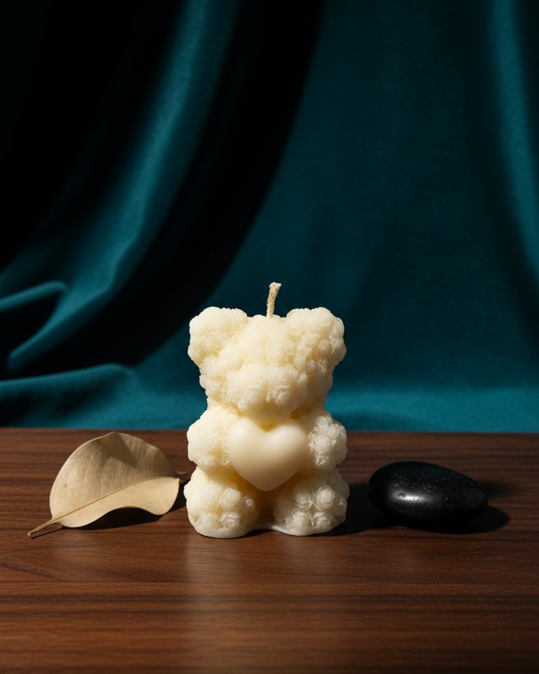 White bear-shaped candle on a wooden surface with a teal curtain background