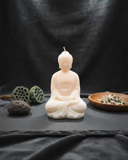 Candle shaped like Buddha in meditation on a dark surface with decorative elements.