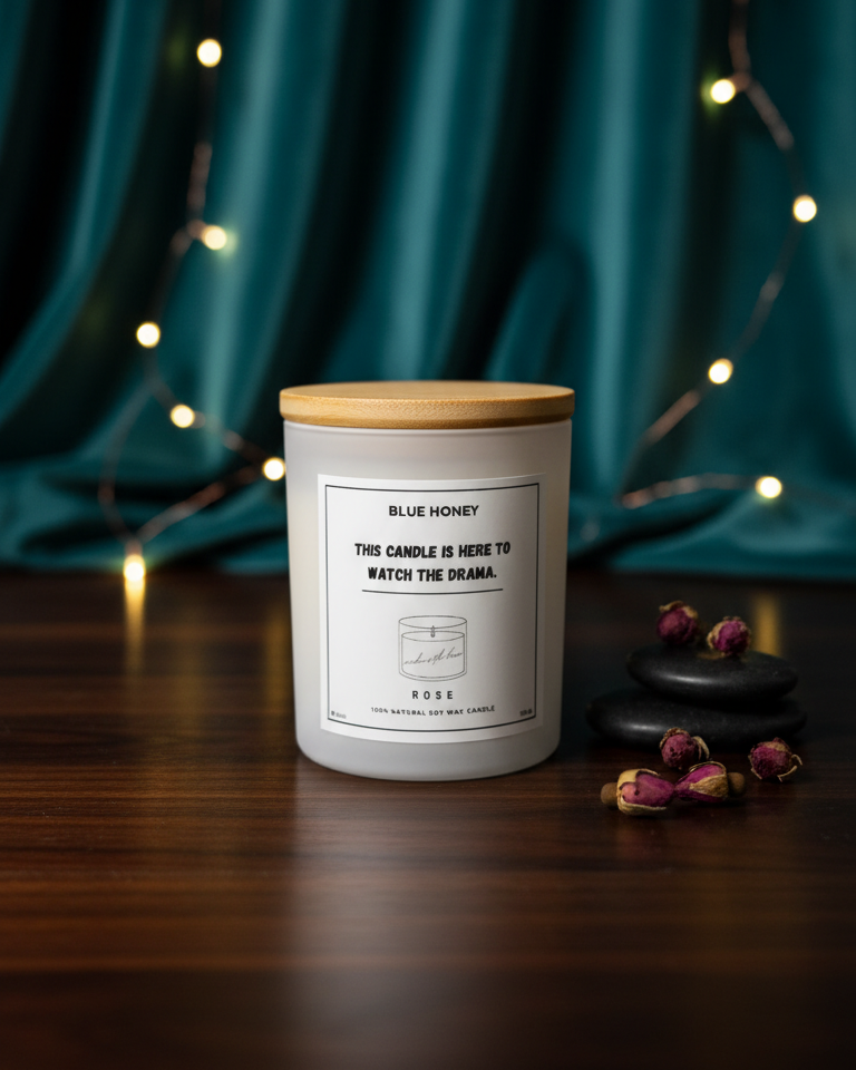 Candle with wooden lid on a dark surface with teal curtain and string lights in the background
