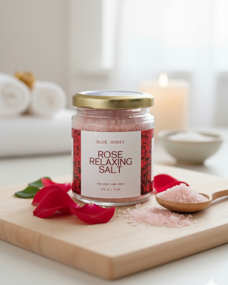 Jar of rose relaxing salt on a wooden board with rose petals and a candle in the background.