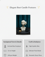 The Bloom Maiden Bust Candle, a white sculpted candle featuring intricate details and a floral element, presented from the front.