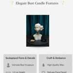 The Bloom Maiden Bust Candle, a white sculpted candle featuring intricate details and a floral element, presented from the front.