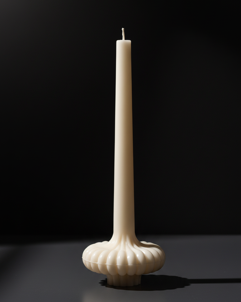 White candle in a decorative holder on a black background