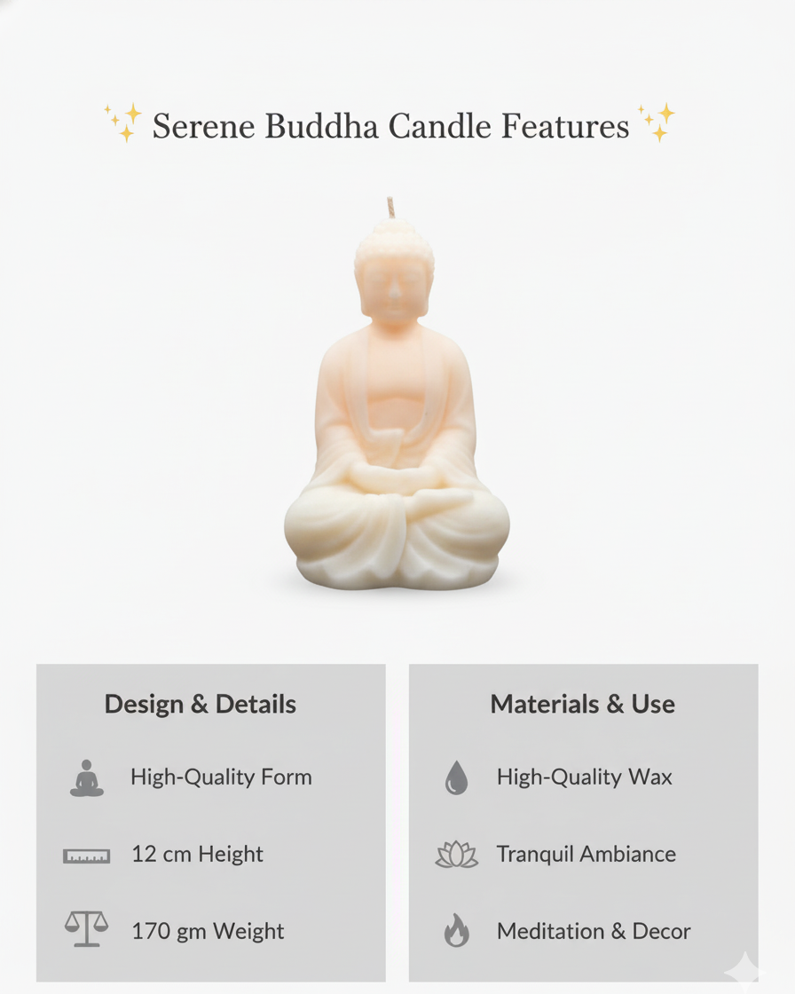 Buddha-shaped candle with features listed on a white background