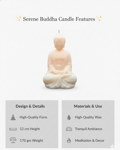 Buddha-shaped candle with features listed on a white background