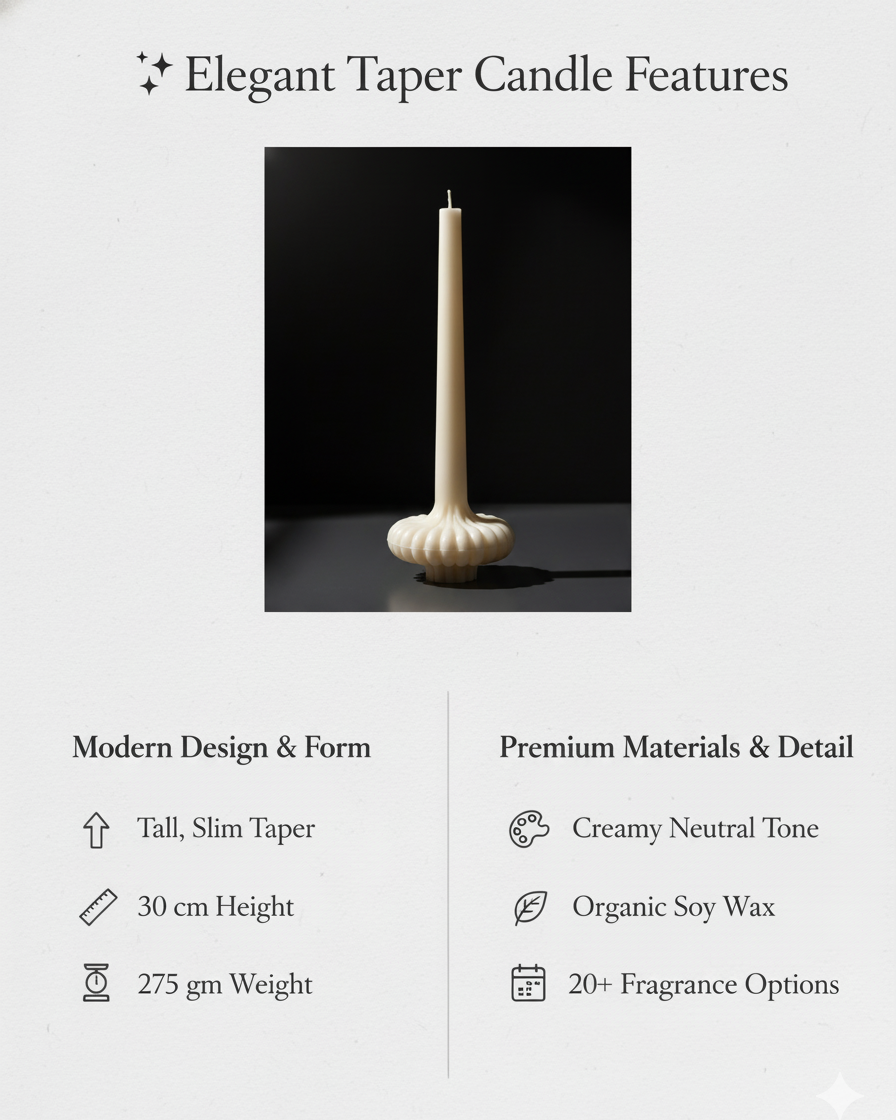Elegant taper candle with features listed on a white background