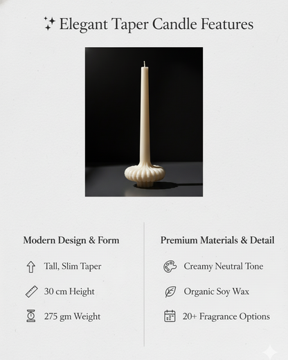 Elegant taper candle with features listed on a white background