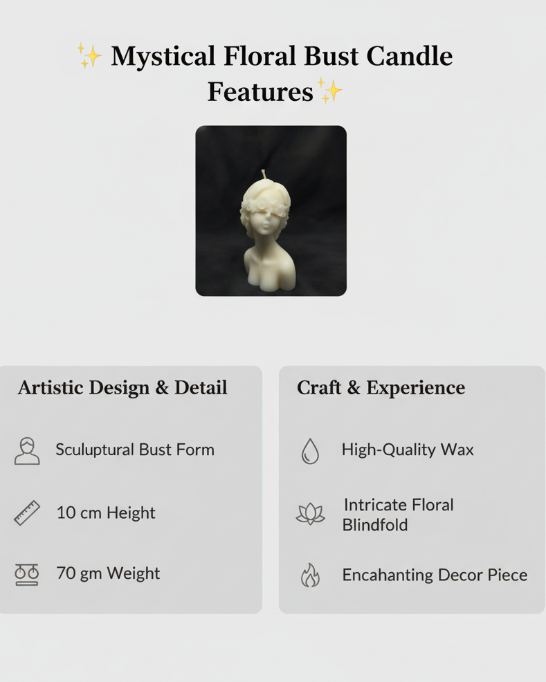 Mystical Floral Bust Candle with features listed on a light gray background
