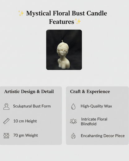 Mystical Floral Bust Candle with features listed on a light gray background