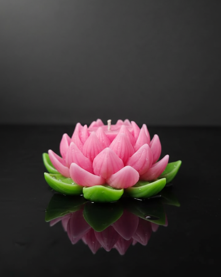 Pink lotus flower candle on a black reflective surface with a dark background