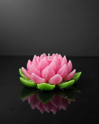 Pink lotus flower candle on a black reflective surface with a dark background