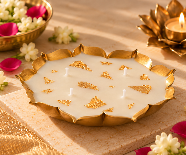 Blue Honey Gold Leaf Scalloped Urli Candle, 5.5 Inch