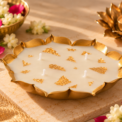 Blue Honey Gold Leaf Scalloped Urli Candle, 5.5 Inch