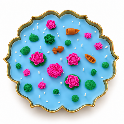 Blue Honey lotus pond urli candle with pink wax lotuses, green lily pads, boats and a goldfish on a blue soy wax pool in a gold scalloped urli, on a white background