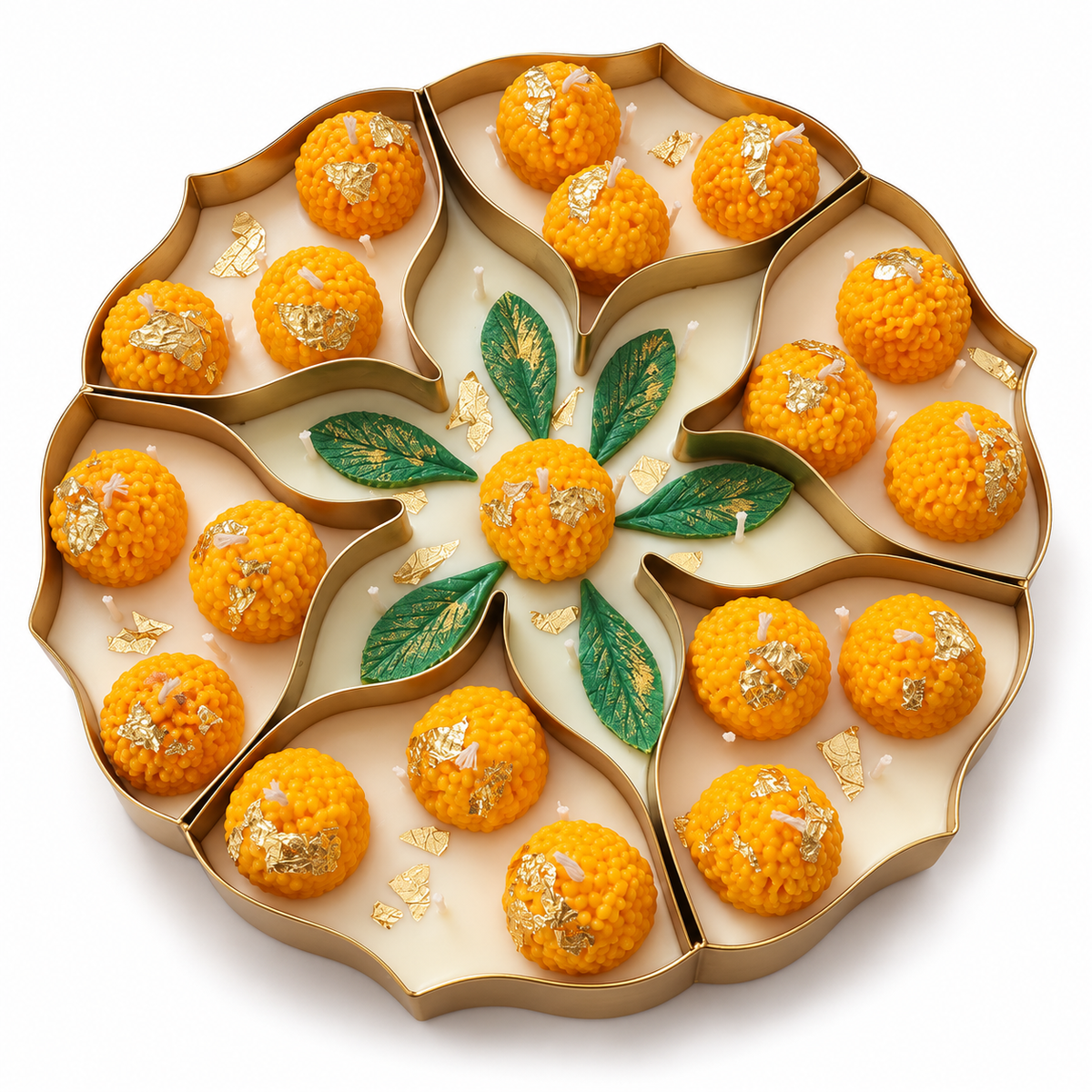 Blue Honey ladoo urli candle with 19 orange wax ladoos, green leaves and gold leaf in a 12 inch gold petal urli, on a white background