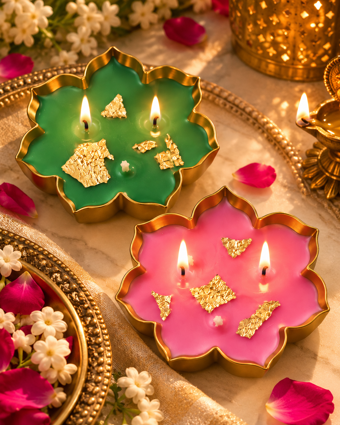 Gold Leaf Lotus Urli Candles, Set of 2