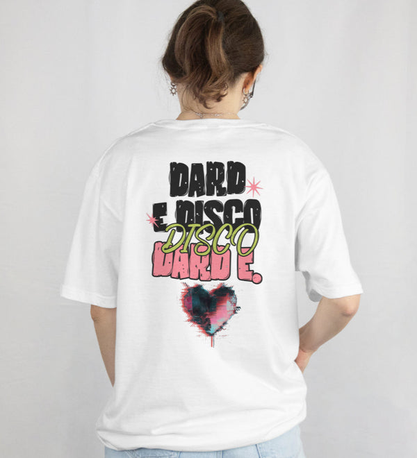 Female model wearing oversized Dard-e-Disco T-shirt in white color, back view showing bold retro print