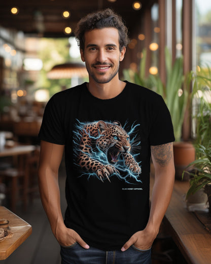 A male model with his hands in her pocket wearing "Electrifying Leopard Graphical" half-sleeve black t-shirt