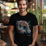 A man wearing a black t-shirt with an electrifying leopard graphic print on the front.