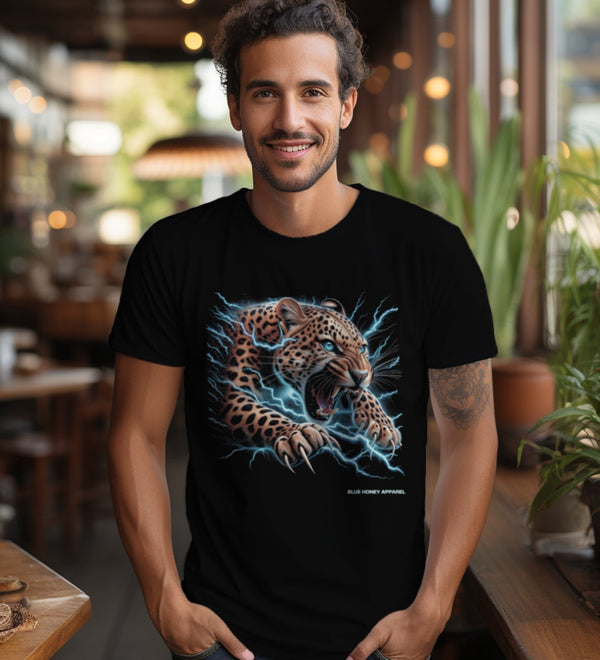 A man wearing a black t-shirt with an electrifying leopard graphic print on the front.