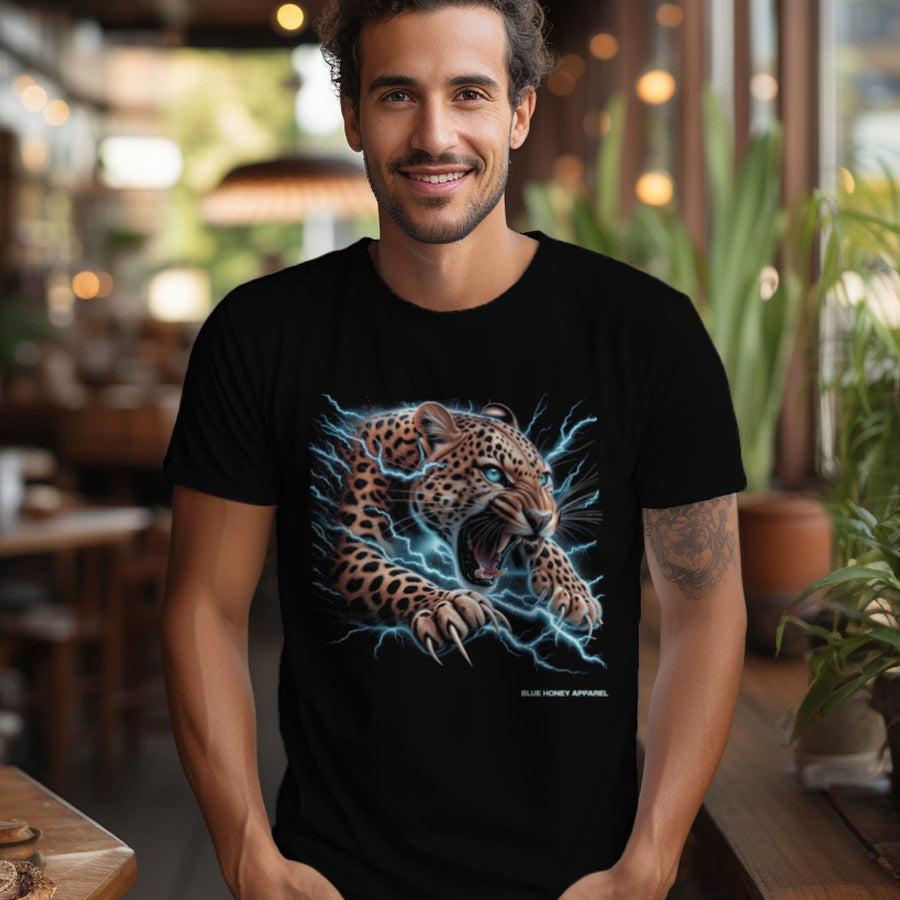 A man wearing a black t-shirt with an electrifying leopard graphic print on the front.
