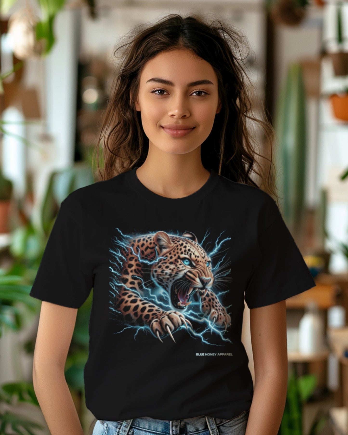 A female model wearing "Electrifying Leopard Graphical" half-sleeve black t-shirt