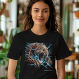 Black t-shirt featuring an electrifying leopard graphic with lightning, worn by a woman.
