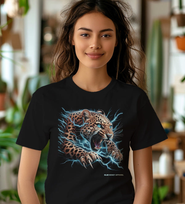 Black t-shirt featuring an electrifying leopard graphic with lightning, worn by a woman.