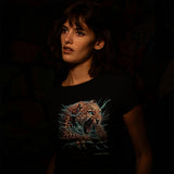Black t-shirt with an electrifying leopard graphic print on the front.